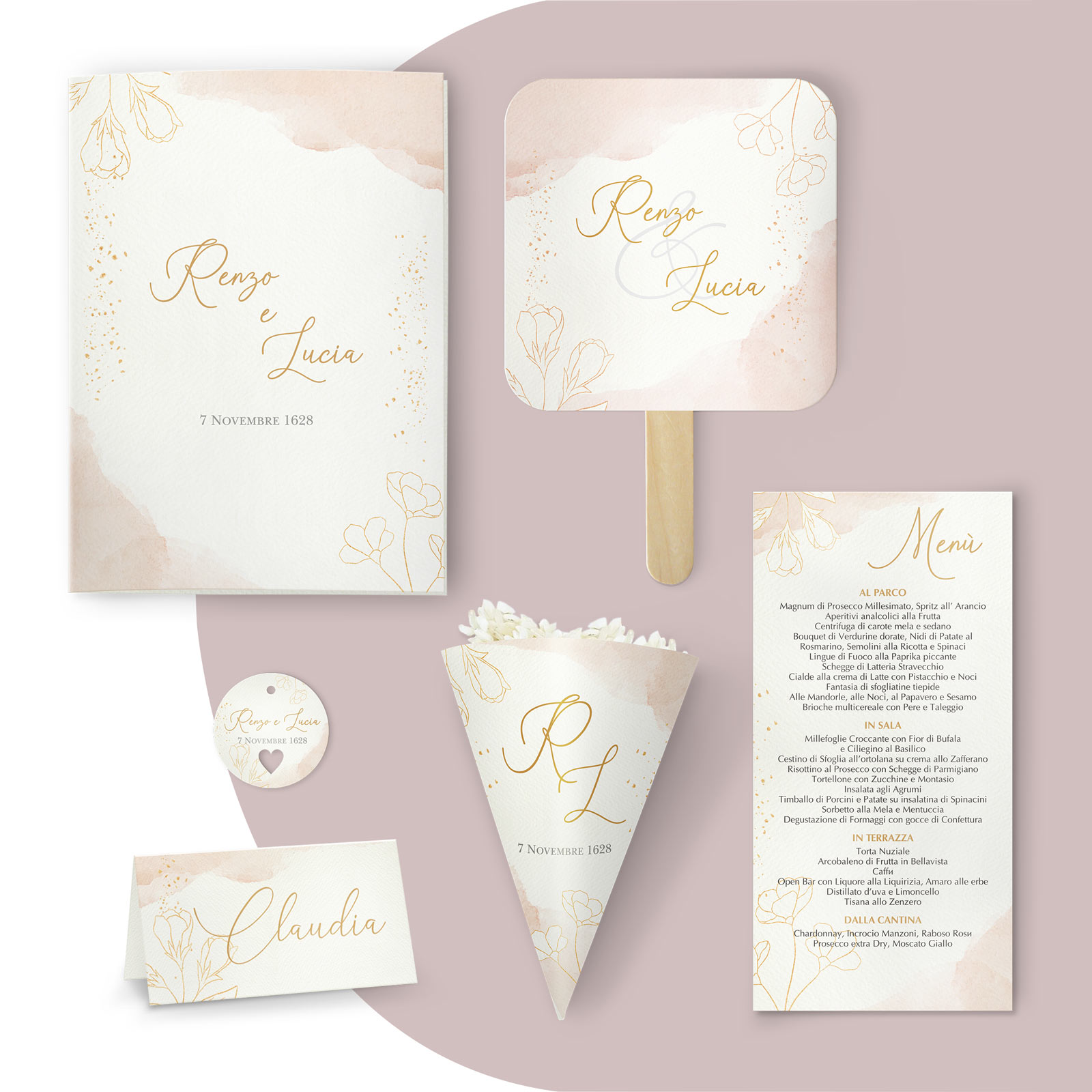 PARTECIPAZIONE MATRIMONIO SCATOLA PORTA CONFETTI - tema rosa e fiori oro