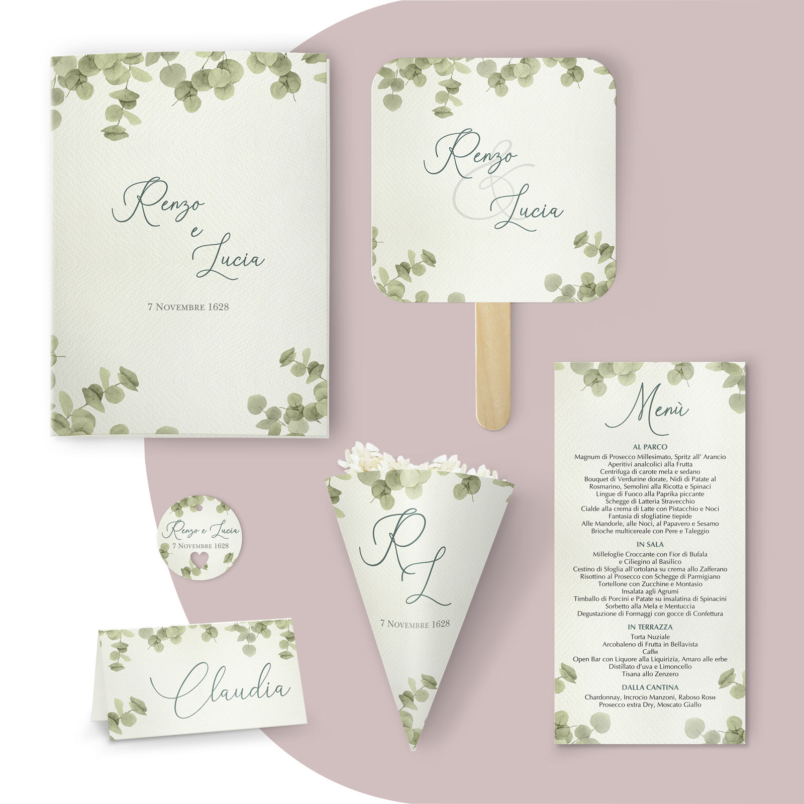 Partecipazione matrimonio scatola porta confetti - tema eucalipto